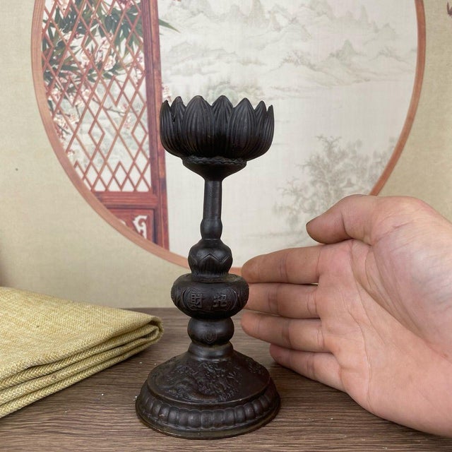 Pair of Bronze Lotus Candlesticks – 5.9" Buddhist Altar Candle Holders With Dragon Base For Sale In Los Angeles - Image 6 of 11