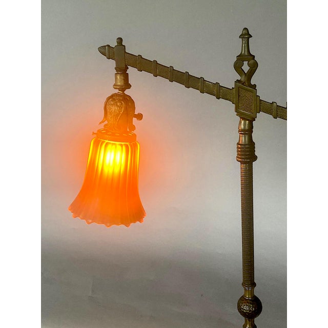 Metal 1910s Fine Rembrandt Bridge Floor Lamp, All Original, Arts & Crafts, Mission Style, Carnival Glass Shade For Sale - Image 7 of 9