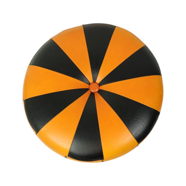 Very cool vintage round pouf in Moroccan patchwork style, made from a wooden base and upholstered in high-quality two-tone...
