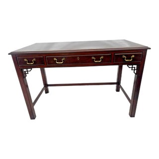 1990s Vintage Drexel Heritage Desk Banded Mahogany Three Drawers Chinese Chippendale For Sale