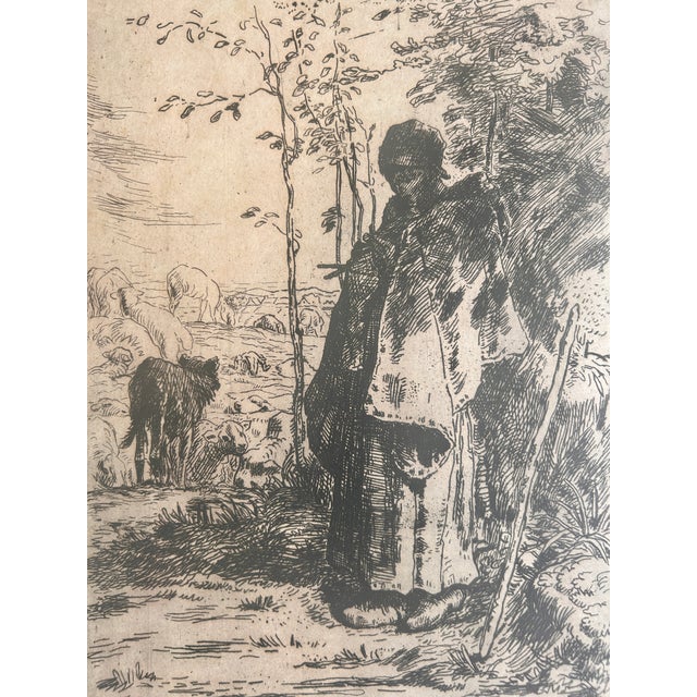 This is a beautiful Antique Etching depicting "La Grande Bergère" (The Large Shepherdess) by celebrated French Barbizon...