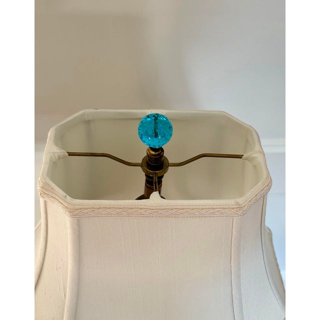 1970s Chinese Ceramic Glazed Turquoise Seated Figure Table Lamp For Sale - Image 9 of 12