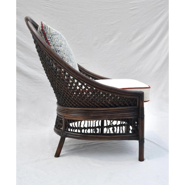Palecek Vintage Rattan Curved Back Chair Attributed to Palecek, Blue & White, 1990s For Sale - Image 4 of 13