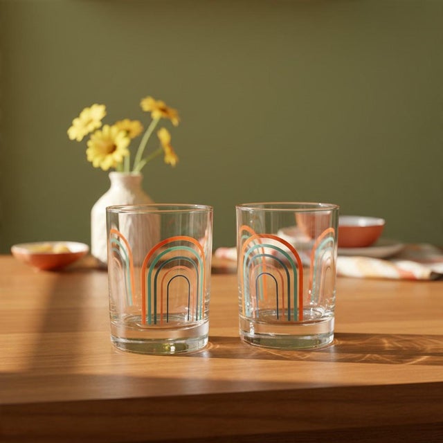 A colorful pair of vintage 1990s Fiesta Rainbow, also known as the Arches pattern, drinking glasses. Each clear glass...