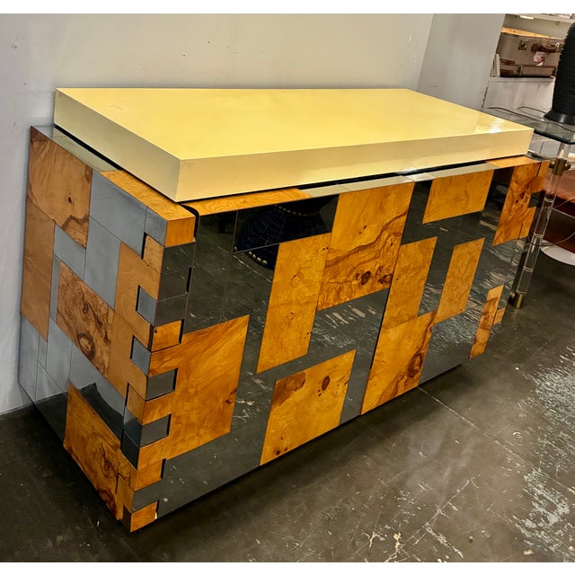 Two door cabinet 400 Series in patchwork burl and chrome with a lacquered Ivory colored top by Paul Evans for Directional...