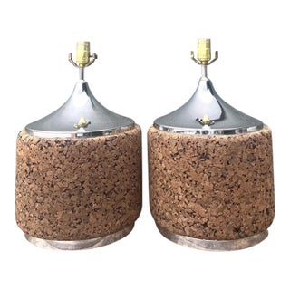 Vintage 70s Chrome and Cork Lamps - A Pair For Sale