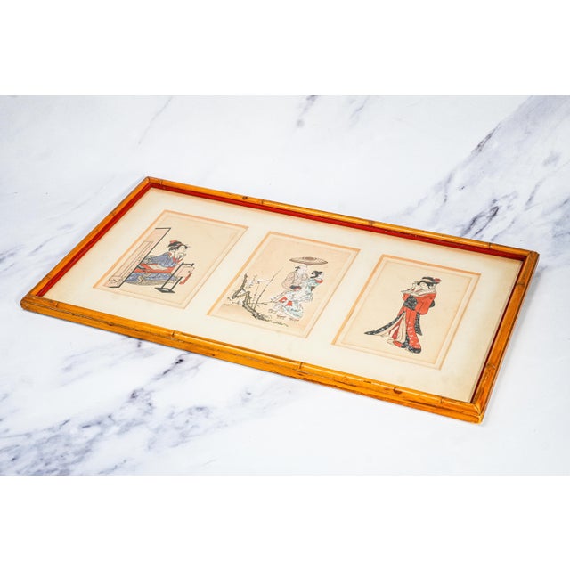 Vintage Japanese Woodblock Style Prints Framed Art Triptych With Bamboo Frame Asian Home Decor For Sale - Image 13 of 14