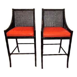 Palecek China Bay Wicker & Leather Bar Stools - A Pair For Sale