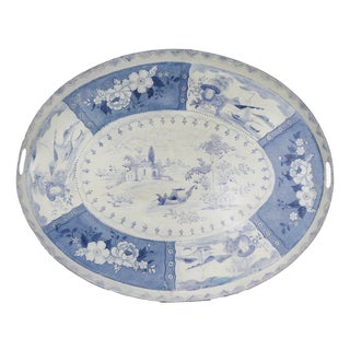 Vintage Blue and White Tole Tray - Hand Painted Chinoiserie Landscape and Floral Oval Serving Tray For Sale