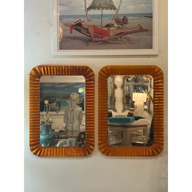 Murano Vintage Italian Glass Pair of Orange Scalloped Wavy Wall Mirrors by Linea Vetro For Sale - Image 4 of 16
