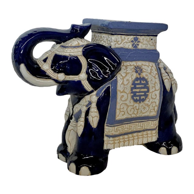 Mid Century Majolica Blue & White Elephant Garden Seat For Sale