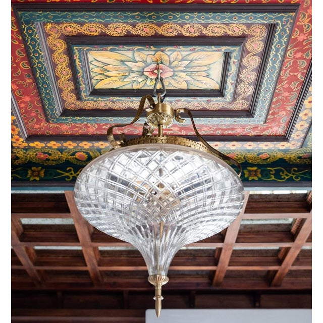 Vintage Art Nouveau Hanging Fixture Brass & Crystal Cut Glass Light For Sale - Image 4 of 4