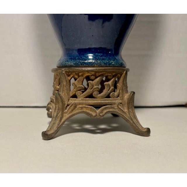 1930s Art Deco Cobalt Blue Ceramic Table Lamps Bronze Bases - a Pair For Sale - Image 4 of 7