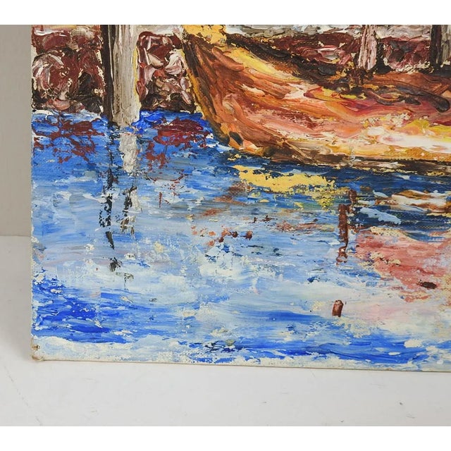 French Vintage Mid 20th Century Sailboats in Harbor Modernist Painting For Sale - Image 3 of 8