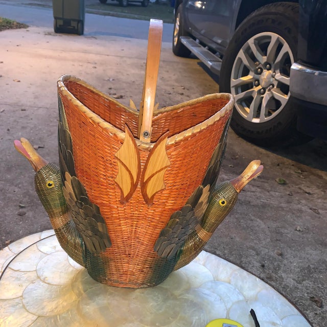 1980s Earth-Tone Double Headed Geese Basket With Handle For Sale - Image 13 of 13