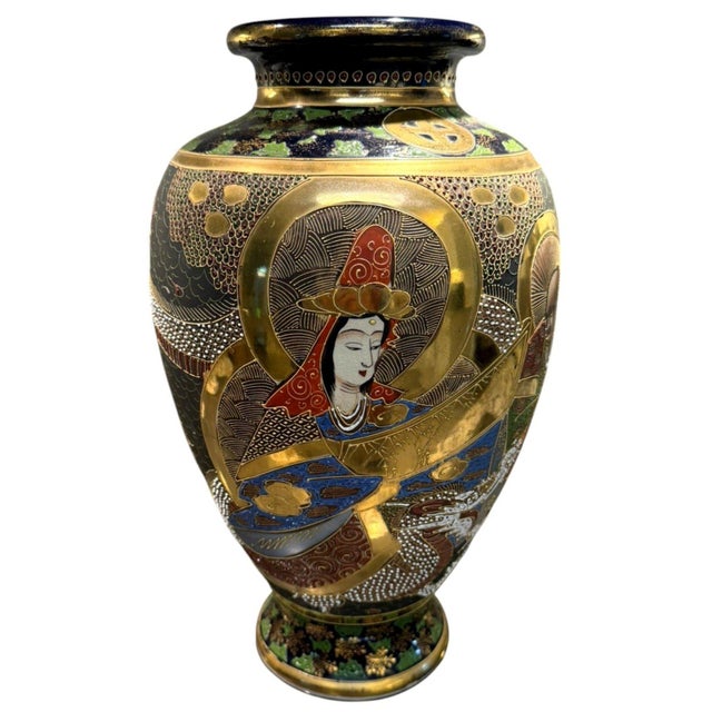 Vintage Japanese Satsuma-Style Moriage Dragon & Buddhist Figures Vase Impressive large vintage Japanese earthenware vase...