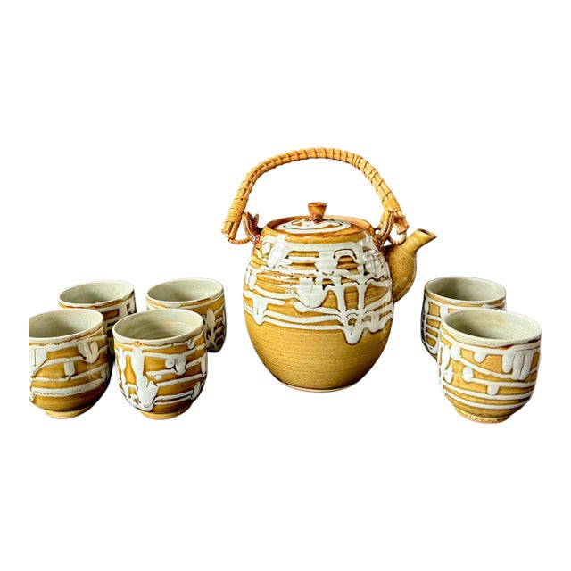 Vintage Japanese Stoneware Tea Set – Mid-Century Wicker Handle Teapot & Cups For Sale