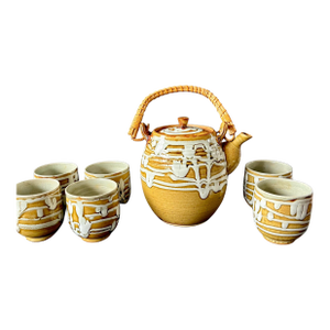 Vintage Japanese Stoneware Tea Set – Mid-Century Wicker Handle Teapot & Cups