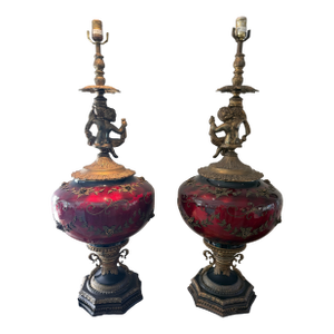 Late 20th Century Tall Figural Cherub Table Lamps | Ruby Red Glass & Brass | Victorian / Hollywood Regency | 37.5” - a Pair