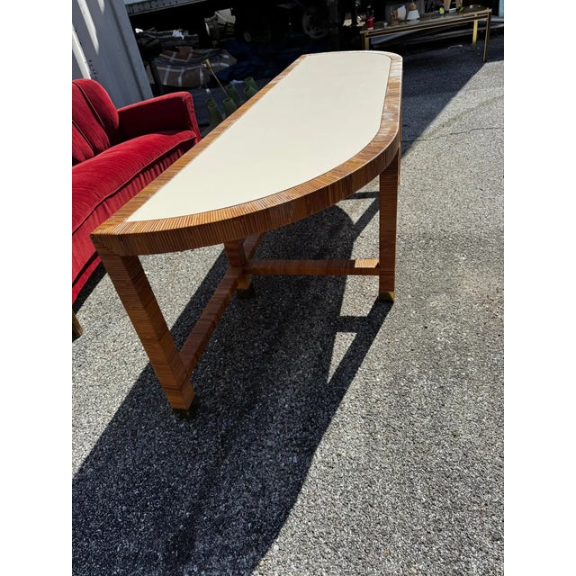 Wood Vintage Demilune Laminate Top Rattan and Brass Console Table For Sale - Image 7 of 7