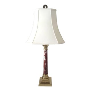 1980s Griotte Red Marble and Brass Corinthian Table Lamp With Lampshade For Sale