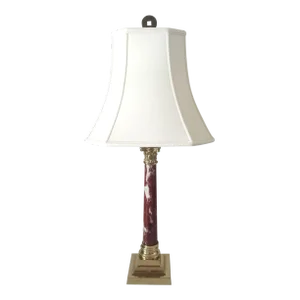 1980s Griotte Red Marble and Brass Corinthian Table Lamp With Lampshade