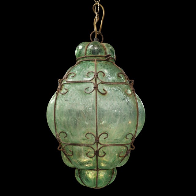 Large Vintage Italian Hand-Forged Iron and Green Venetian Glass Lantern Chandelier For Sale - Image 6 of 6