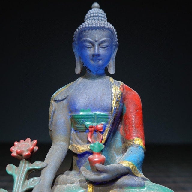 Vintage Liuli Glass Medicine Buddha Statue With Polychrome Decoration For Sale - Image 9 of 9