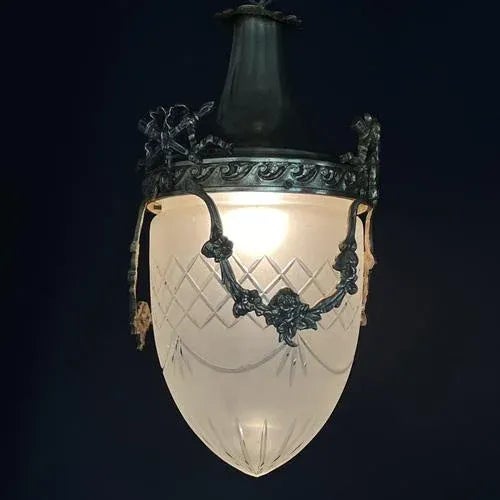 Art Nouveau Bronze Hanging Lamp in Teardrop Shape, 1900s For Sale - Image 4 of 8