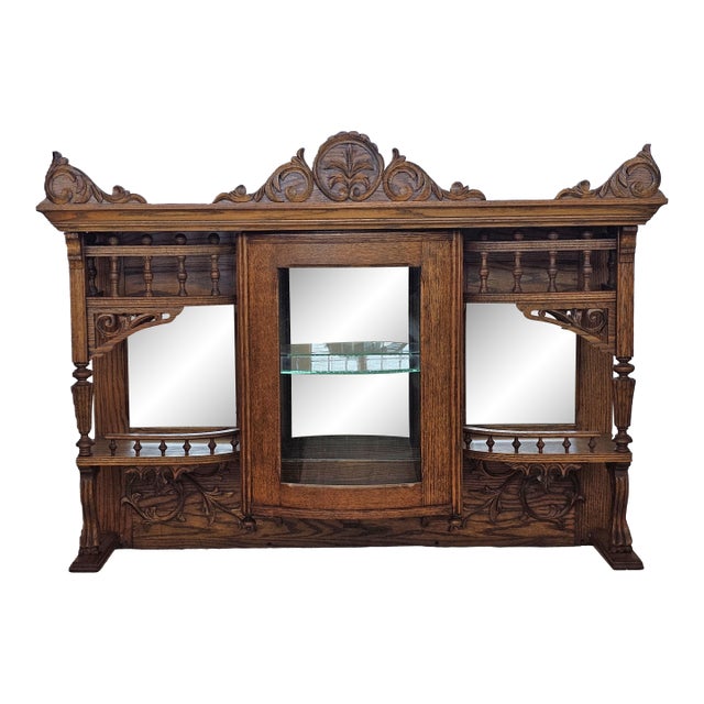Antique 1890s Tiger Oak Over Mantel With Bowed Glass Cabinet & Beveled Mirrors For Sale