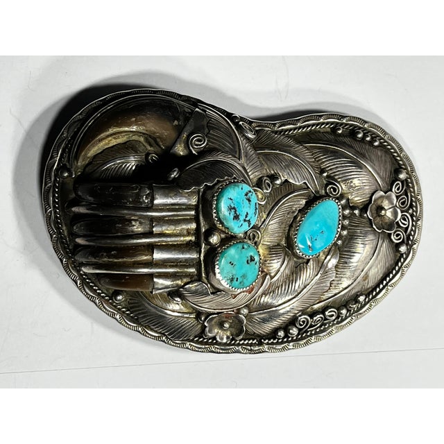 Metal Vintage Native American, Claw Turquoise and Sterling Silver Belt Buckle For Sale - Image 7 of 10