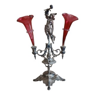 Wilcox Figural Silver Plate Epergne With Cranberry Glass For Sale