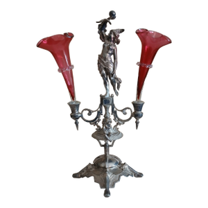 Wilcox Figural Silver Plate Epergne With Cranberry Glass