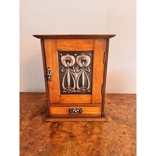 Metal Antique Art Nouveau Golden Oak Smoker's Cabinet, 1920, Set of 2 For Sale - Image 7 of 7
