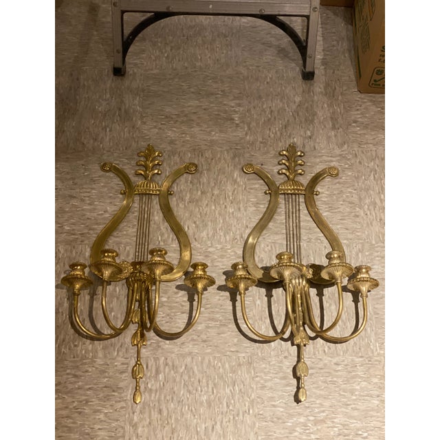 1920s Lyre Design Gilt Bronze 4 Lights Sconces - Pair For Sale - Image 4 of 10