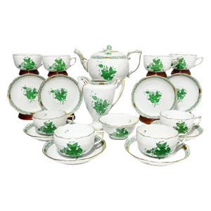 Chinese Bouquet Apponyi Green Porcelain Tea Set from Herend Hungary, Set of 11
