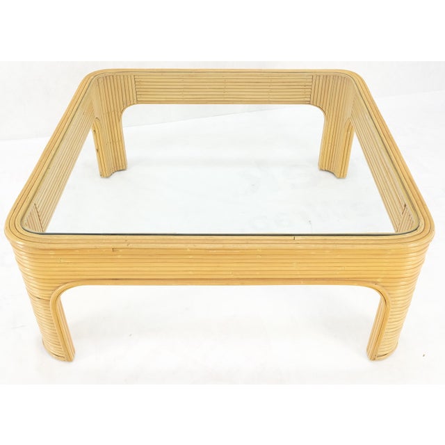 Blond Rattan Bamboo Rounded Corners Square Glass Top Coffee Table 1970's Frankl For Sale - Image 6 of 12