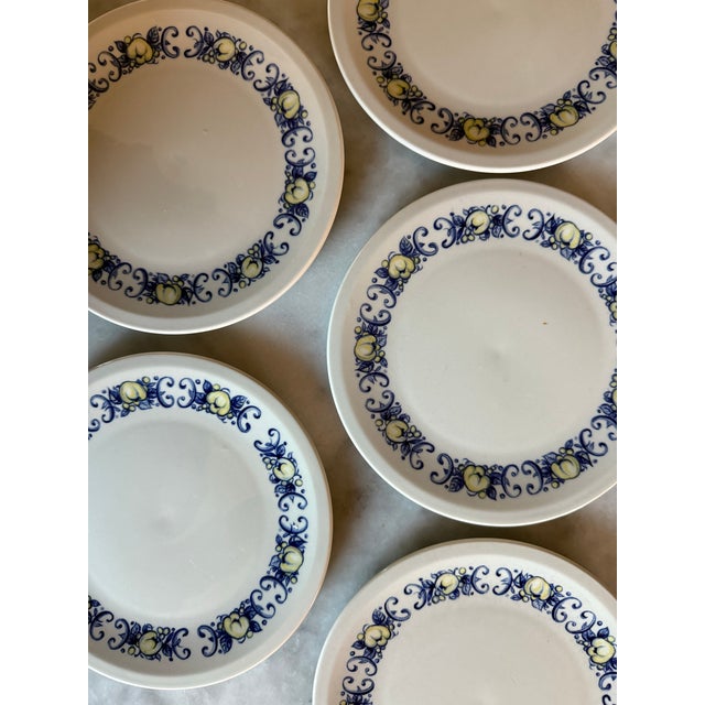 Set of 5 vintage small porcelain appetizer plates in the blue and yellow Cadiz pattern with scroll design and bell...