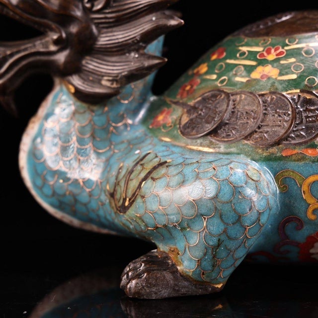 Pair of Antique Cloisonné Dragon-Turtle Figurines, 6000g Total, Enamel For Sale - Image 9 of 10