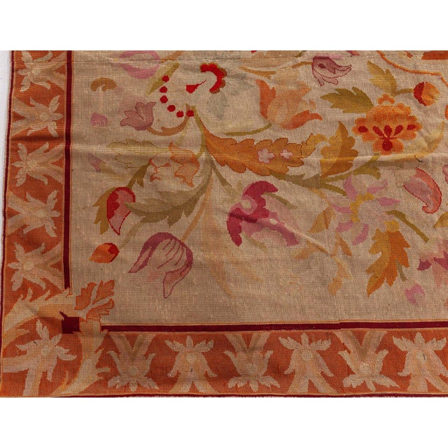 Orange Antique 1880s European Needlework Rug  Floral Symphony in Pastel Harmony For Sale - Image 8 of 8