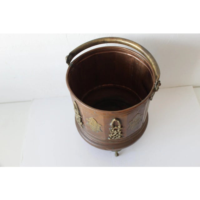 Brass Vintage Mid Century Hand Crafted Moroccan Copper Brass Decorative Bucket Pail Planter With Handle Footed For Sale - Image 8 of 12