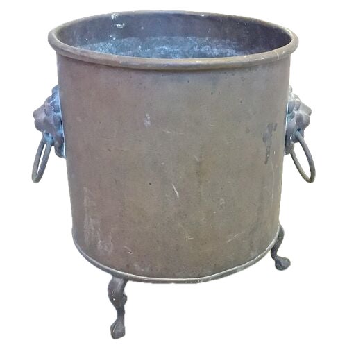 Antique Iron & Copper Lion Face Handle Cachepot For Sale - Image 4 of 6