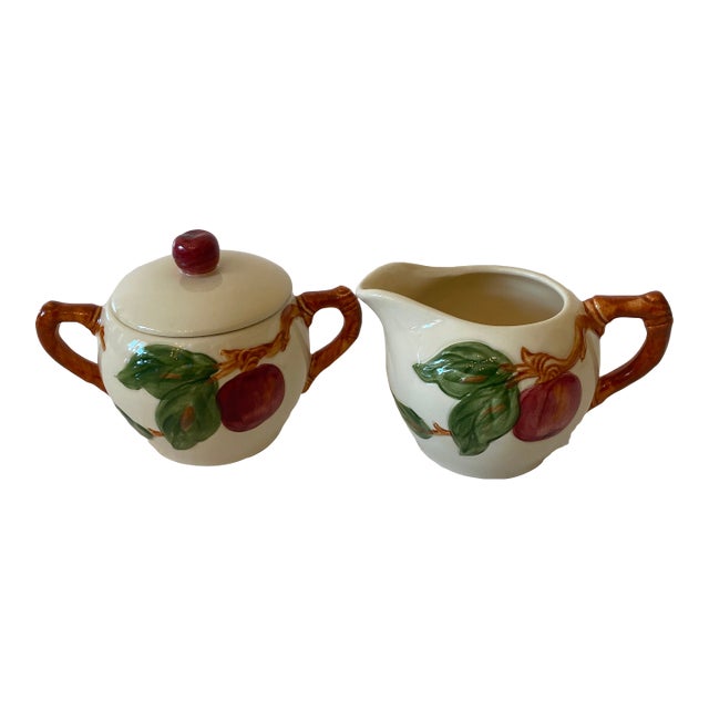 Late 20th Century Franciscan Apple Pattern Sugar Bowl With Lid and Creamer For Sale