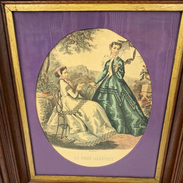 Antique 19th-Century La Mode Illustrée Hand-Colored Fashion Engraving in Deep Molded Wood Frame A rare and exceptional...