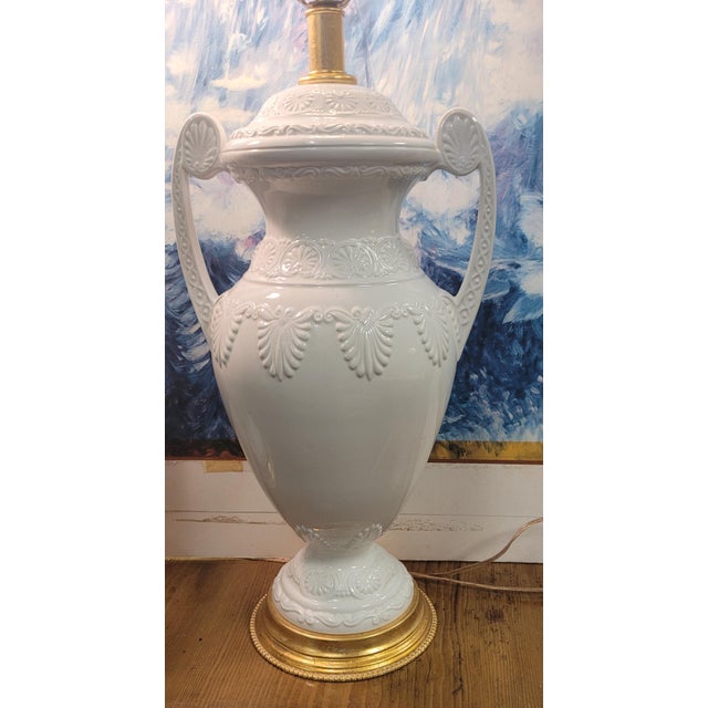 1990s Pair Regency Style Porcelain & Gilt Brass Lamps For Sale - Image 10 of 11