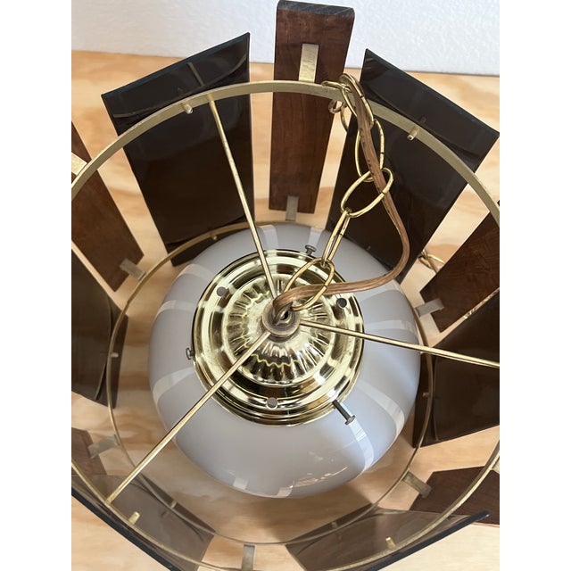 1970s Mid-Century Modern Swag Lamp Light With Smoked Lucite & Wood Panels For Sale - Image 12 of 12