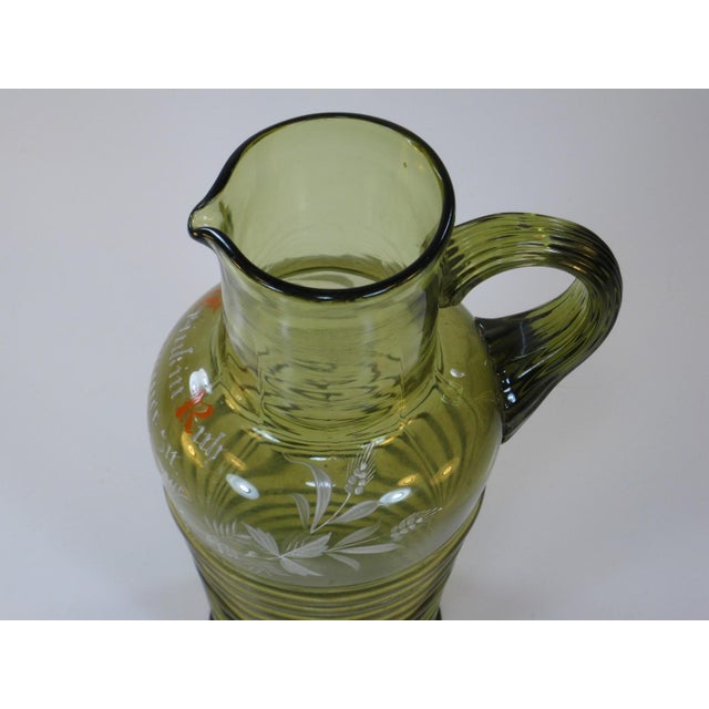 Late 19th Century German Beer / Wine Pitcher Bohemian Mouth Blown Glass, Hand Painted Enamel, Mery Gregory Style Glass For Sale - Image 9 of 15