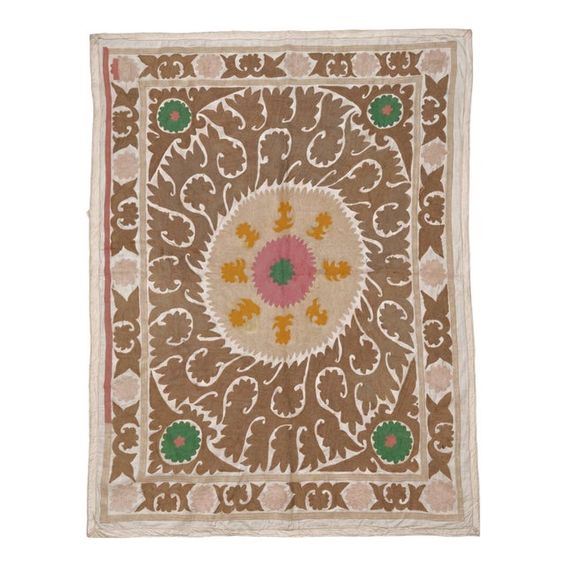 Suzani Textile Wall Art — Neutral Tan Samarkand Embroidery, 3'10'' X 5'3'' For Sale