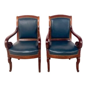 A Pair Antique Mahogany & Leather French Armchairs