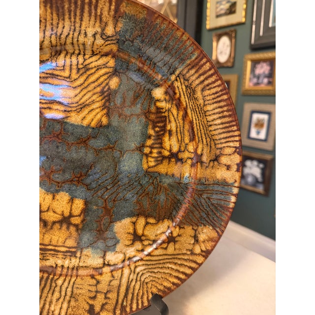 Robert and Jean Cloutier Vintage Frères Cloutier French Studio Art Pottery Charger Plate - Mid Century Modern 11" Abstract Lava Woodgrain Glaze, Signed Cloutier C. 1970 For Sale - Image 4 of 6